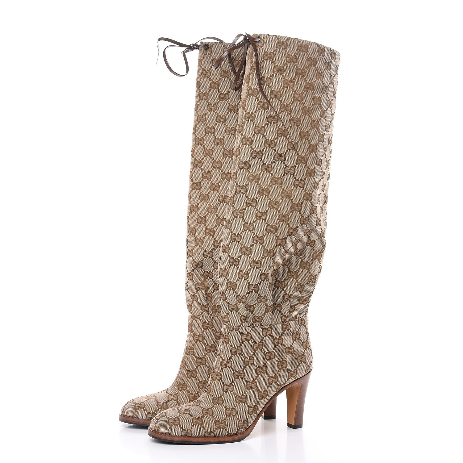 GUCCI Monogram Lisa Mid Heel Boots 37.5 Beige Ebony 454153