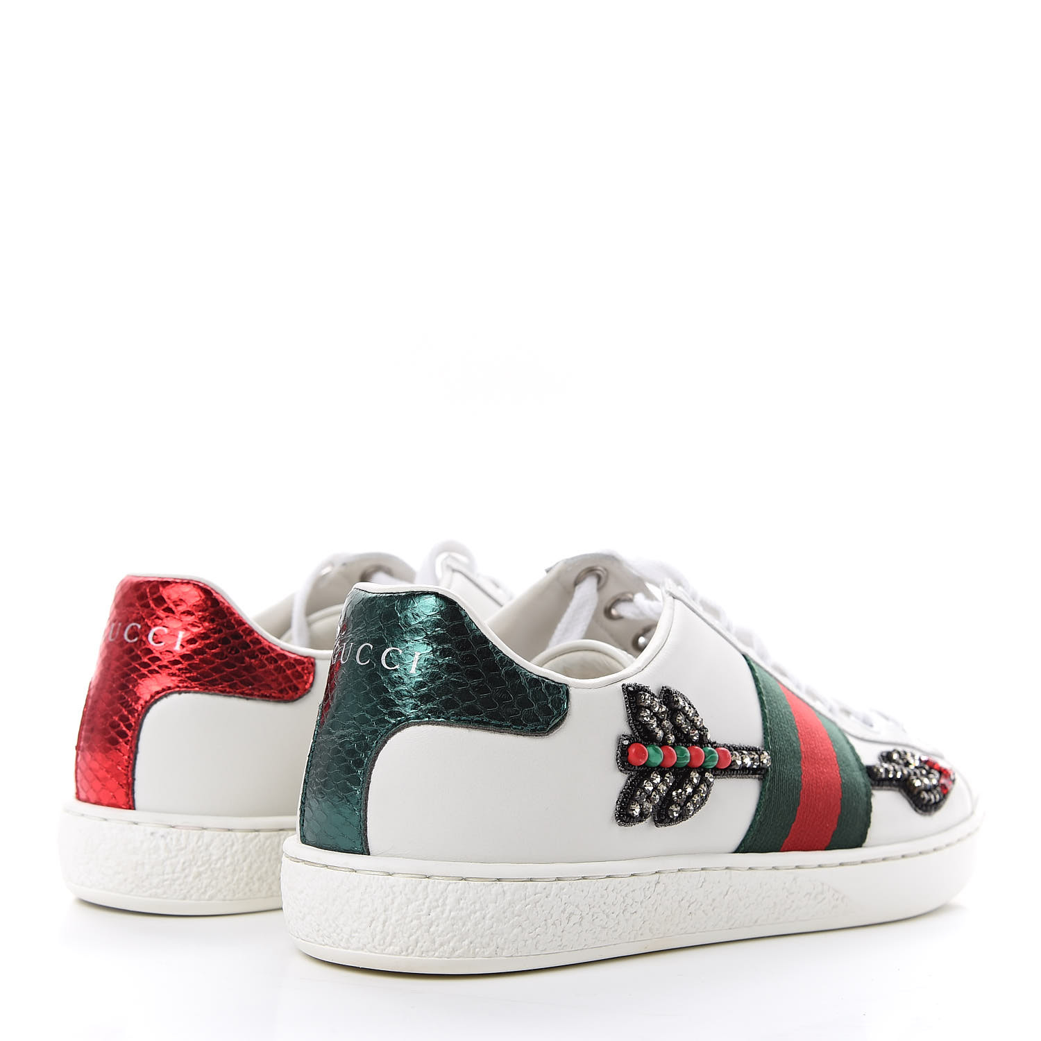 GUCCI Calfskin Web Studded Womens Arrow Ace Sneakers 34 White 454406 ...