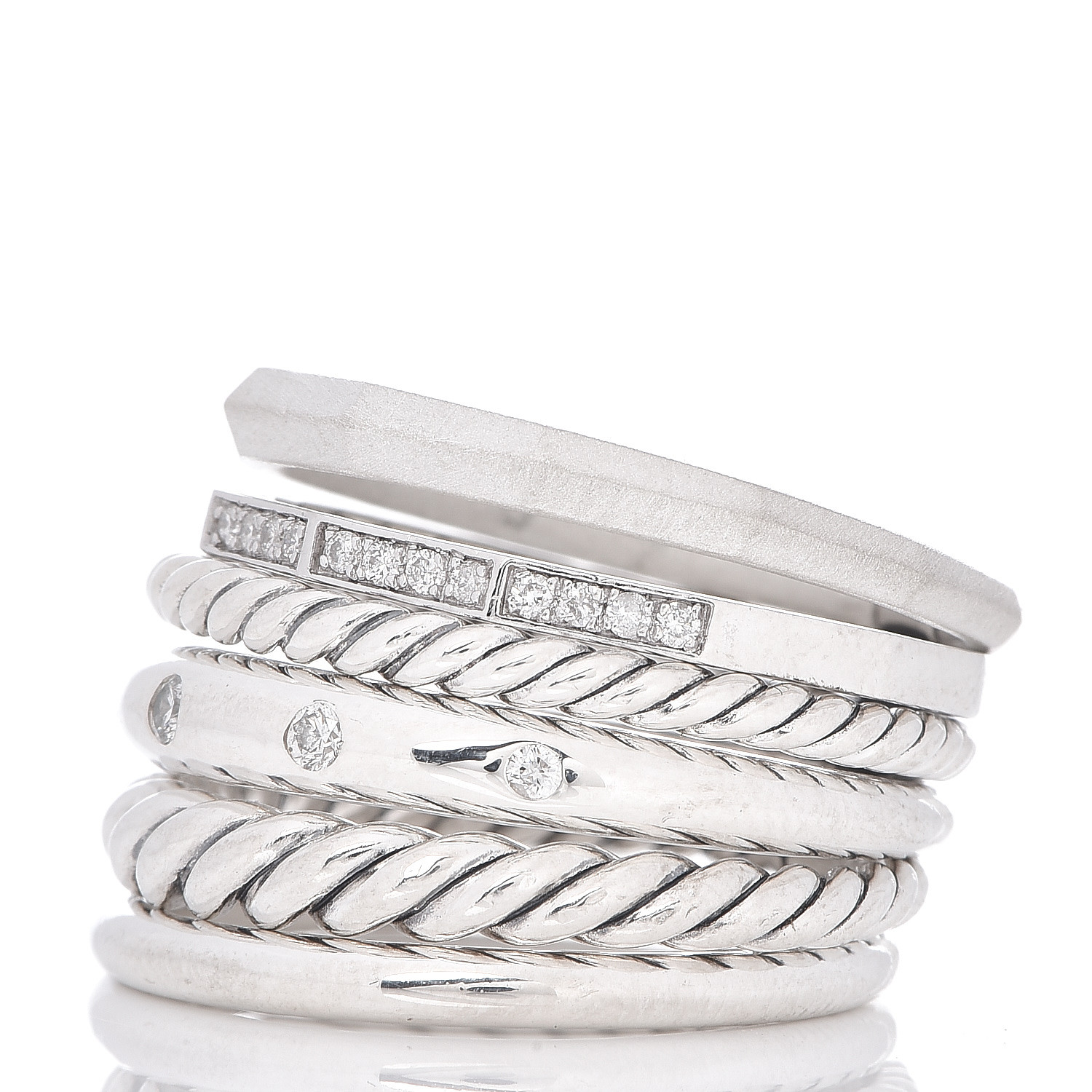 DAVID YURMAN Sterling Silver Diamond 16mm Stax Wide Stacked Ring 56 7. ...