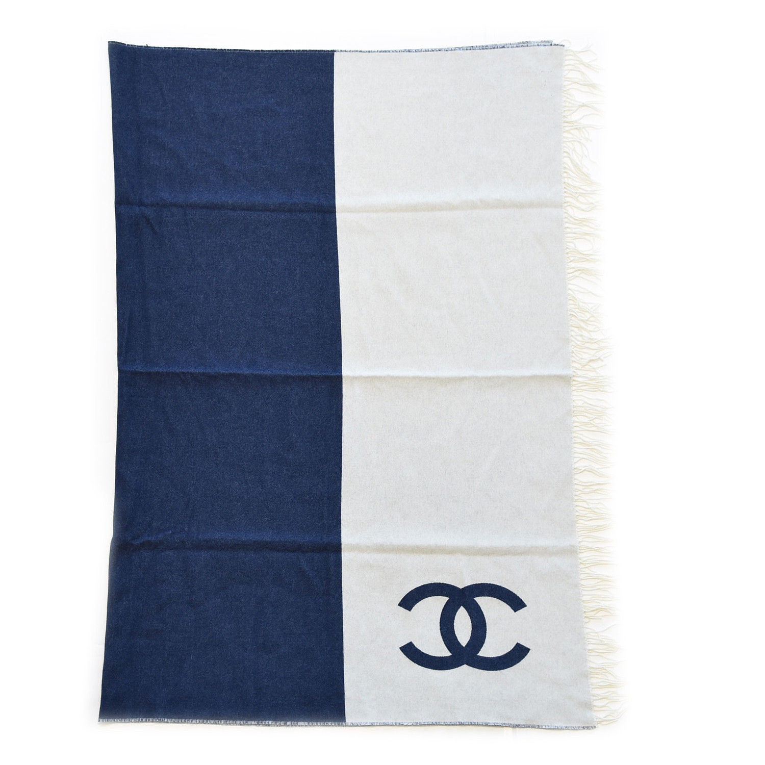 CHANEL Merino Wool Cashmere CC Throw Blanket Navy White 472819