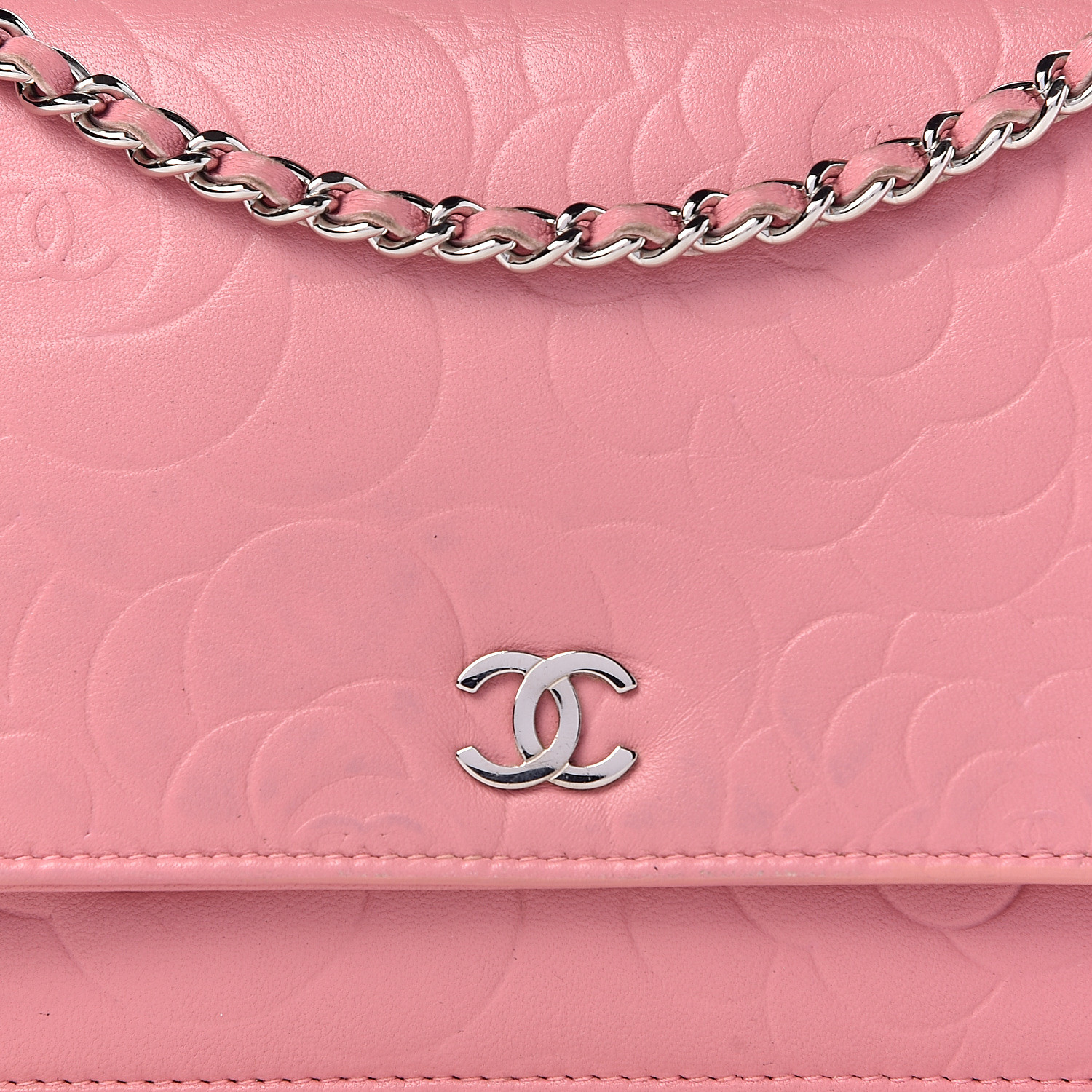 CHANEL Lambskin Camellia Embossed Wallet On Chain WOC Pink 493276