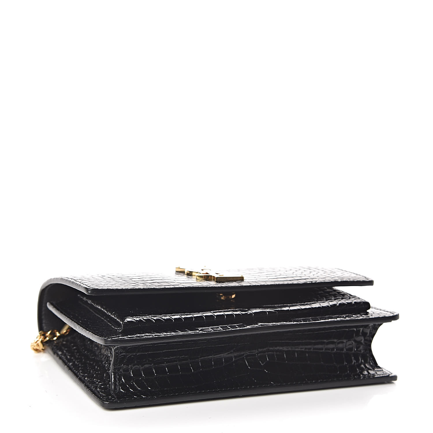 ysl sunset chain wallet in crocodile embossed shiny leather