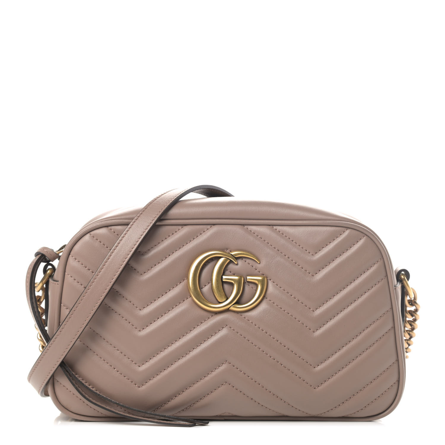 GUCCI Calfskin Matelasse Small GG Marmont Chain Shoulder Bag Taupe ...