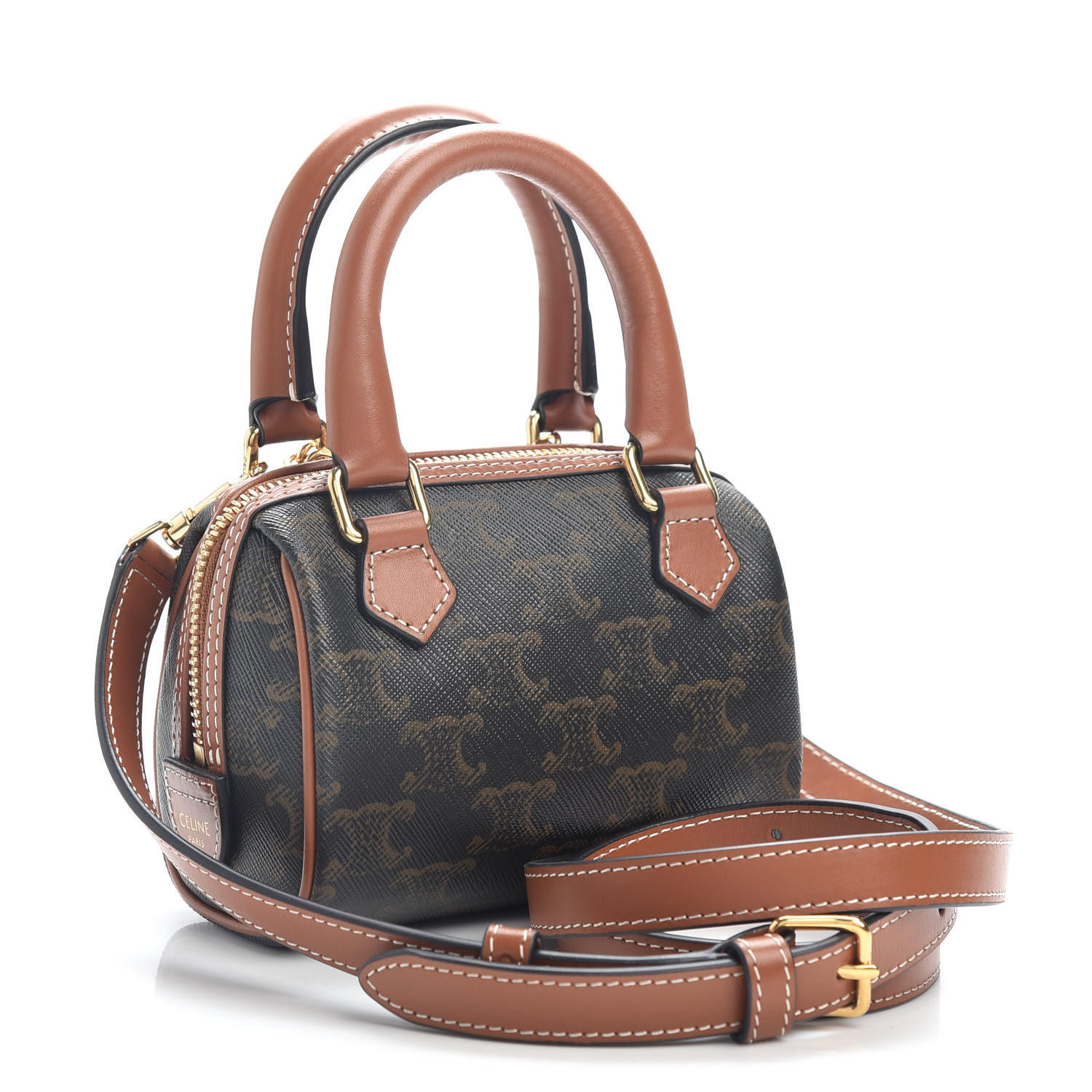 CELINE Triomphe Canvas Mini Boston Bag Tan 807848 | FASHIONPHILE