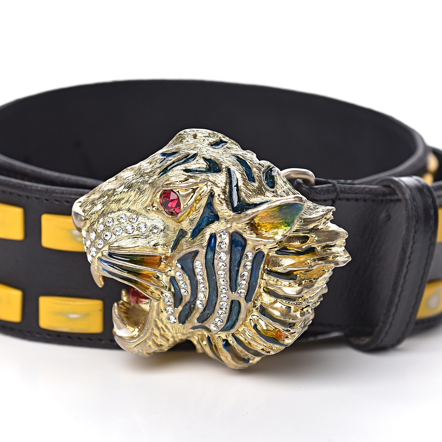 GUCCI Metal Tiger Head Studded Belt 85 34 Yellow Black 475075 ...