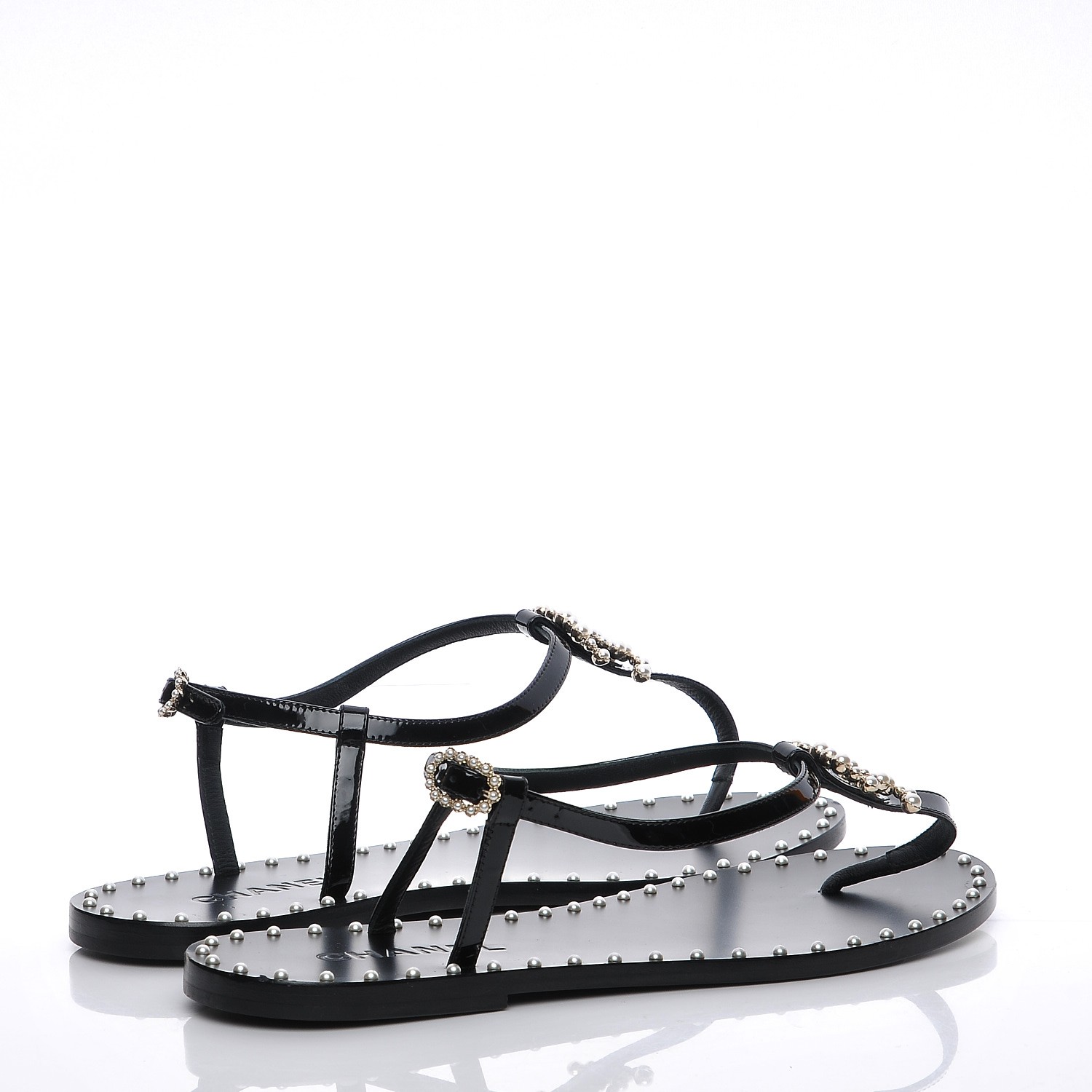 CHANEL Patent Pearl CC Thong Sandals 39 Black 208607