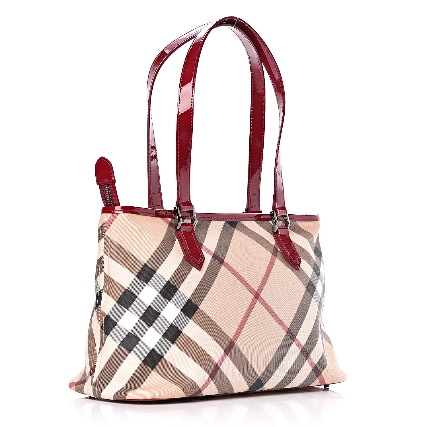 BURBERRY Patent Nova Check Shopper Tote Red 440981 | FASHIONPHILE