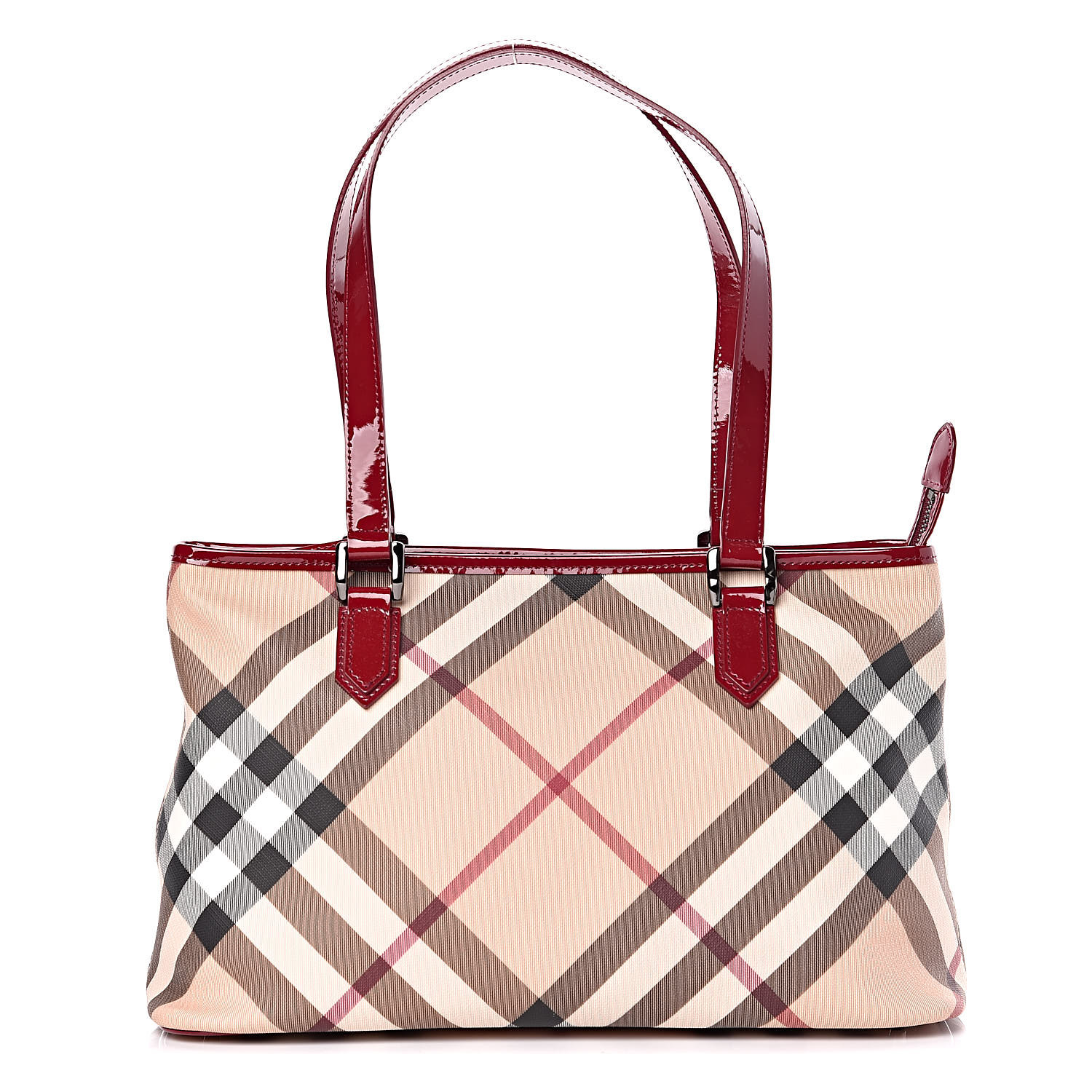 BURBERRY Patent Trim Nova Check Shopper Tote Red 440981