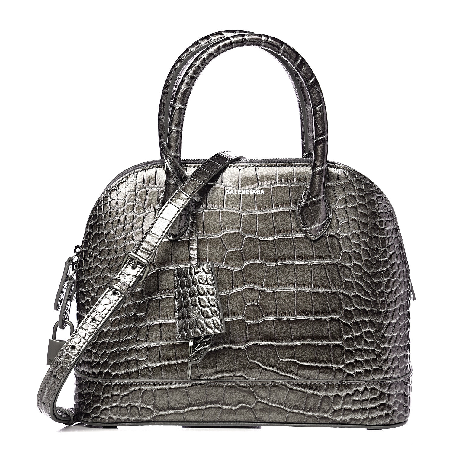 BALENCIAGA Metallic Calfskin Crocodile Embossed S Ville Top Handle Bag ...