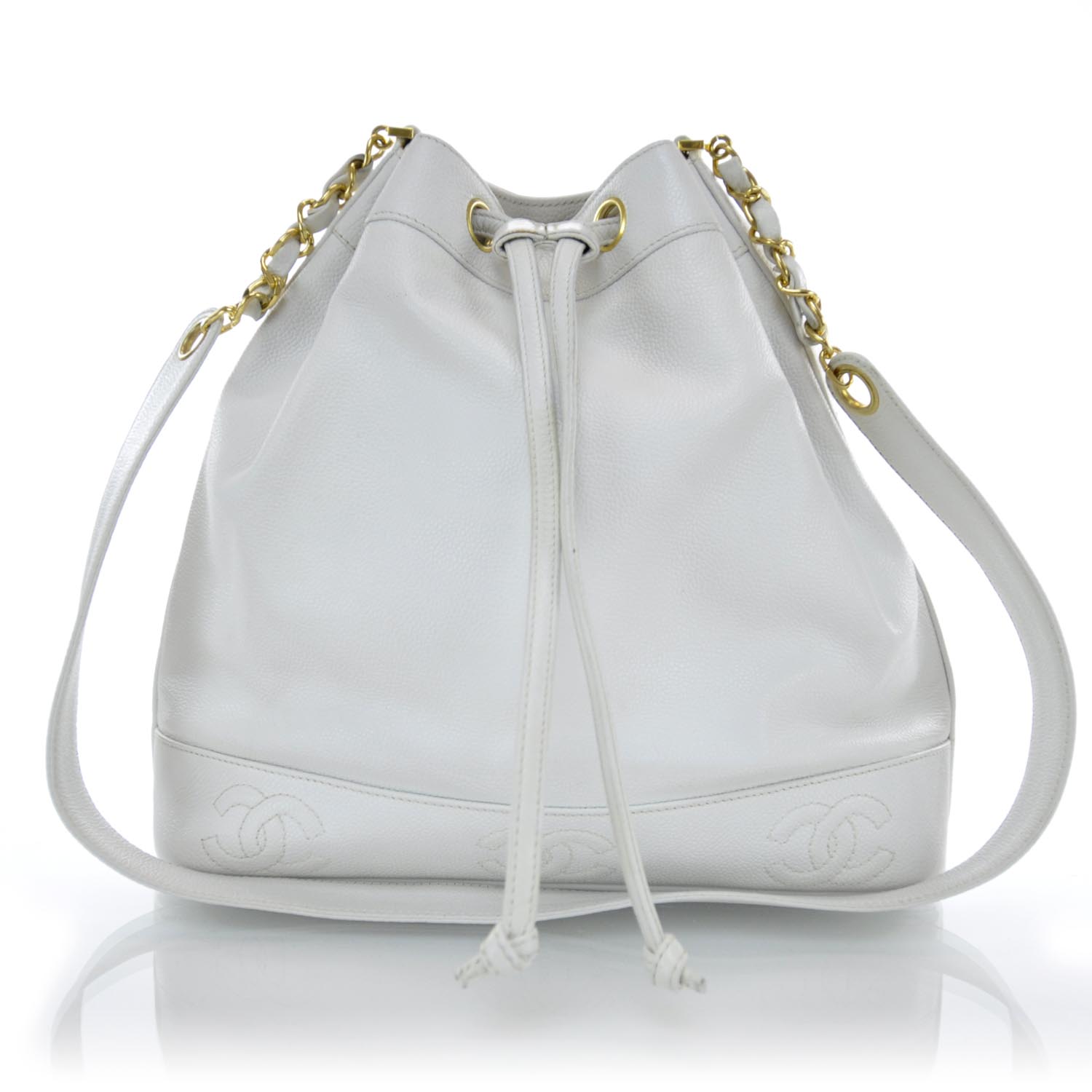 CHANEL Caviar Drawstring Shoulder Bag White 31262