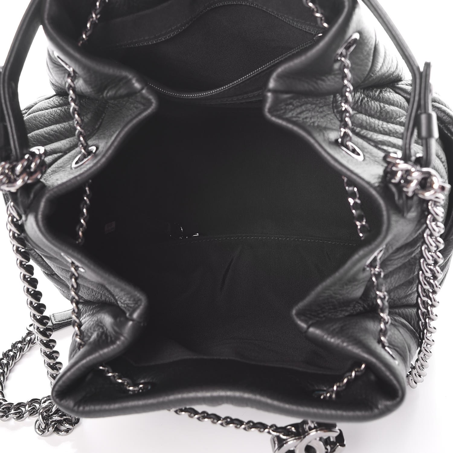 CHANEL Deerskin Chevron Medium CC Chain Bucket Drawstring Bag Black 316738