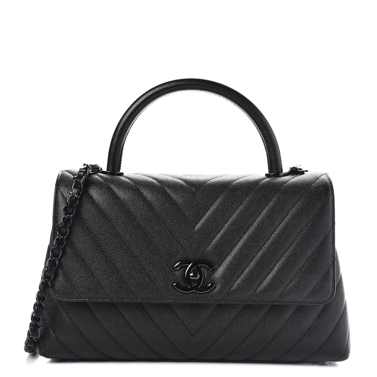 CHANEL Caviar Chevron Quilted Small Coco Handle Flap So Black 292609