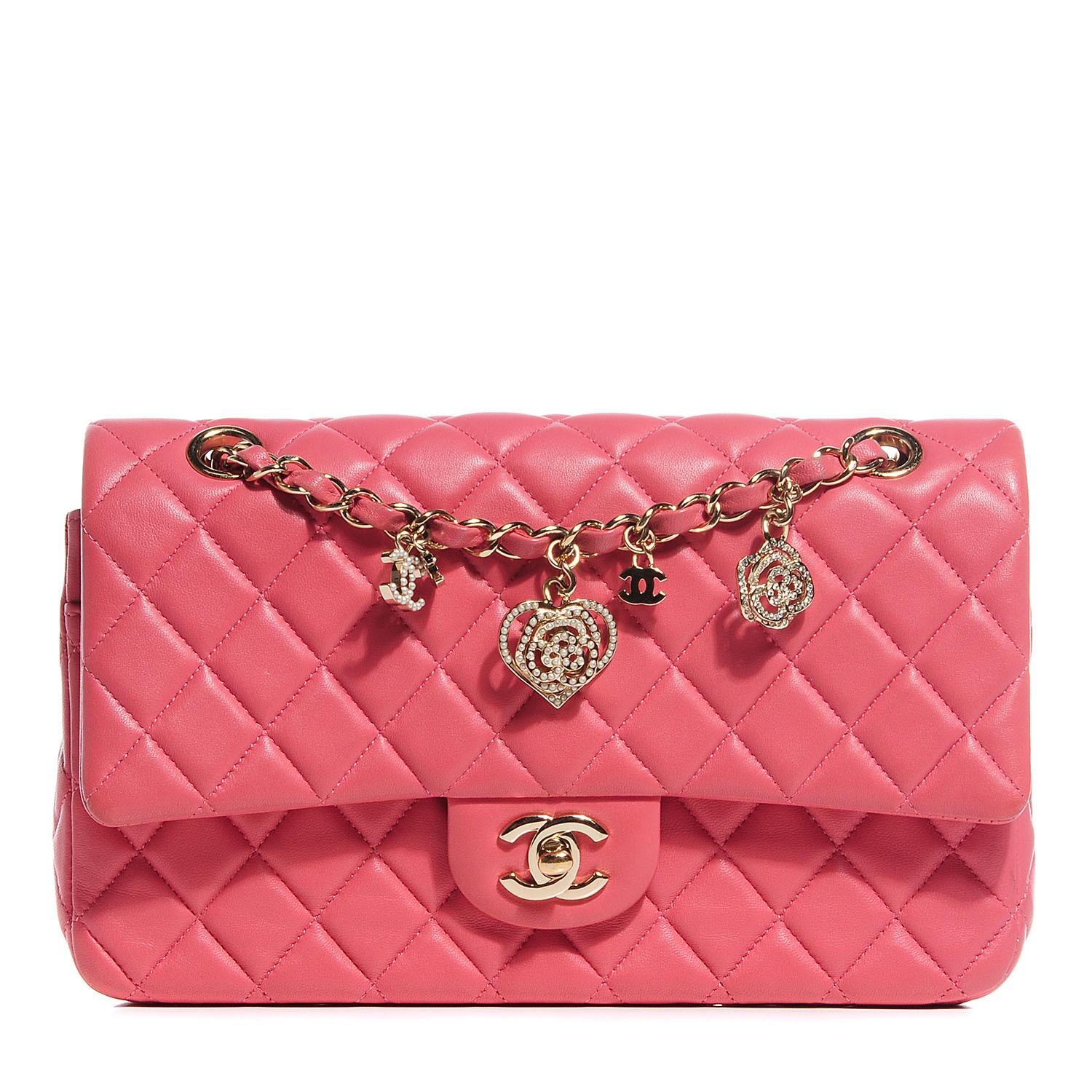 CHANEL Lambskin Quilted Valentine Charms Medium Single Flap Pink 98075