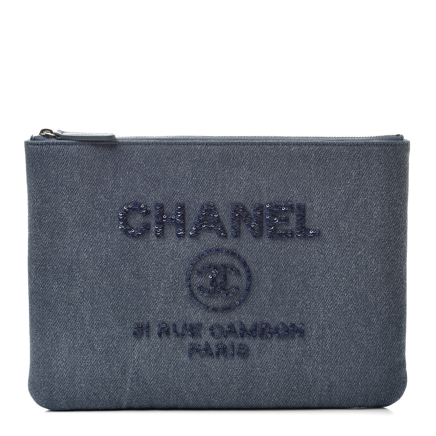CHANEL Canvas Sequins Medium Deauville Cosmetic Pouch Navy 523368