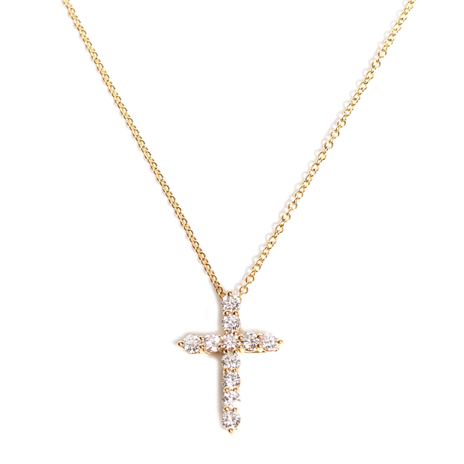 TIFFANY 18K Yellow Gold Diamond Small Cross Pendant Necklace 102267 ...