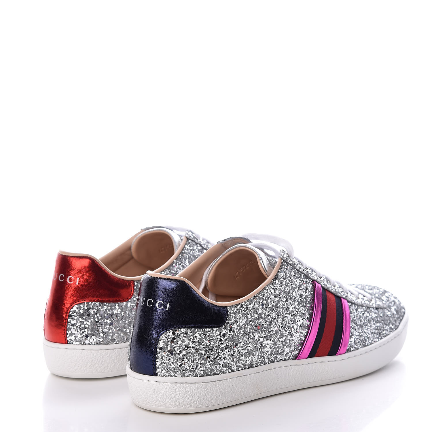 GUCCI Glitter Web Womens Ace Sneakers 39.5 Silver 427278