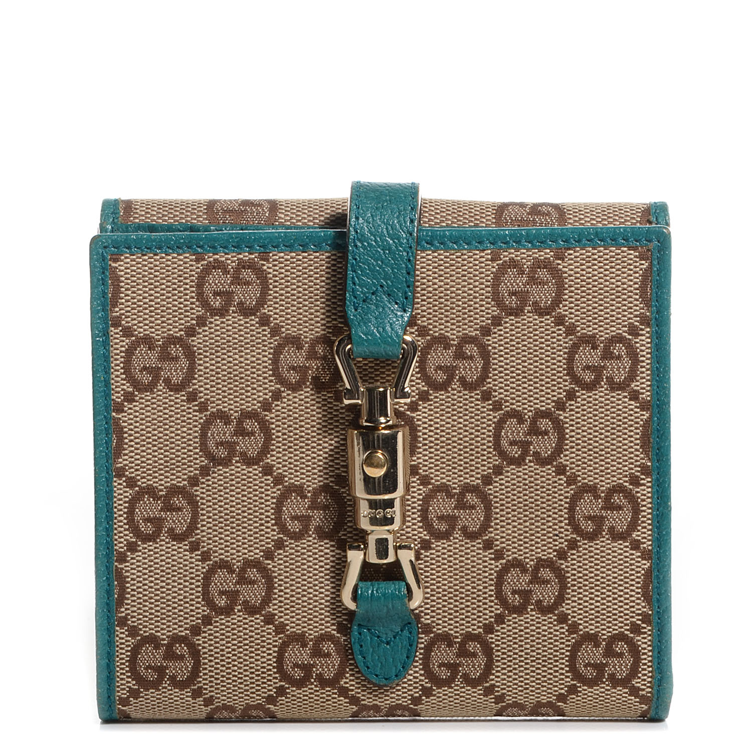 GUCCI Monogram Piston Lock Compact Wallet Turquoise 81396