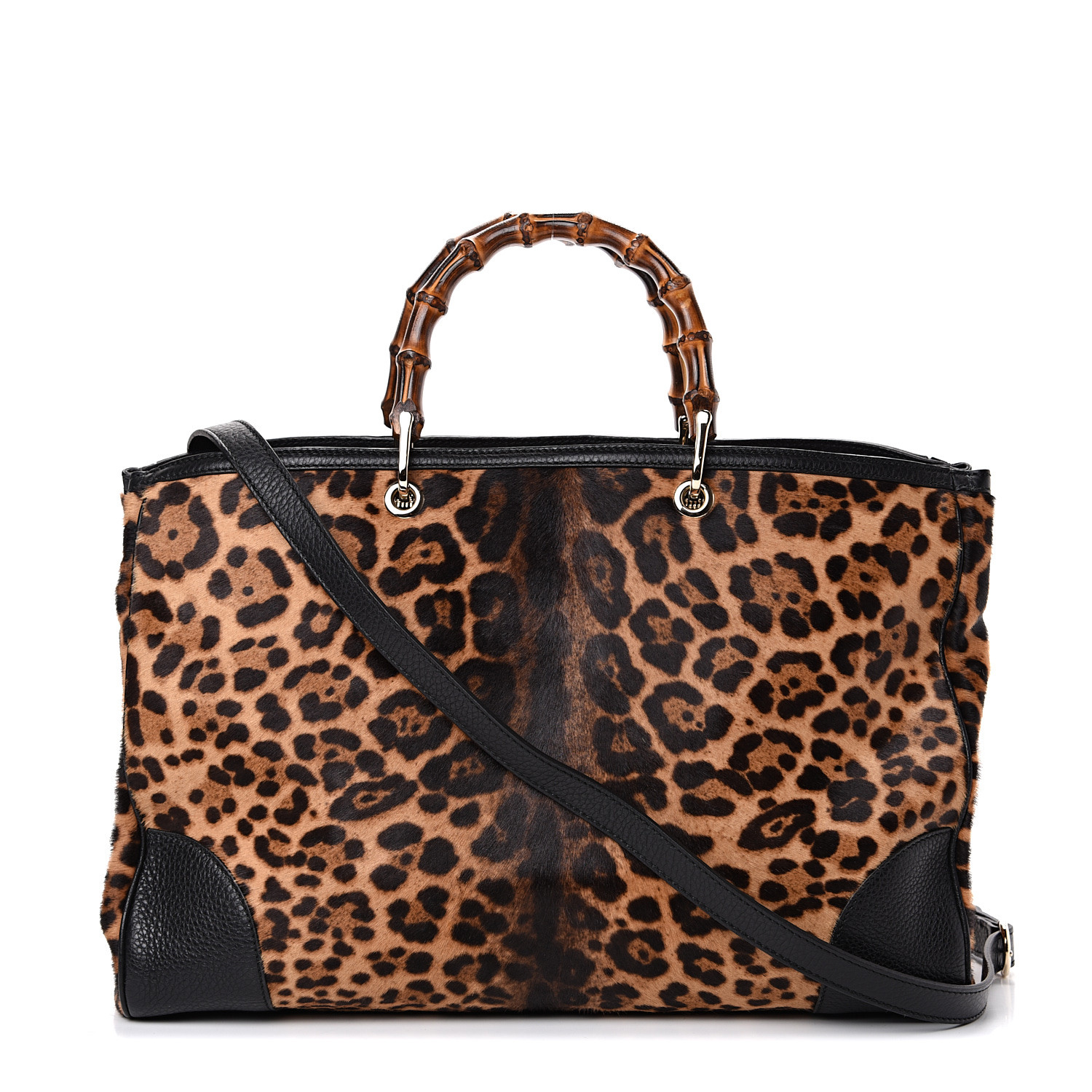 GUCCI Calf Hair Leopard Print Large Bamboo Shopper Tote Black 551335 ...