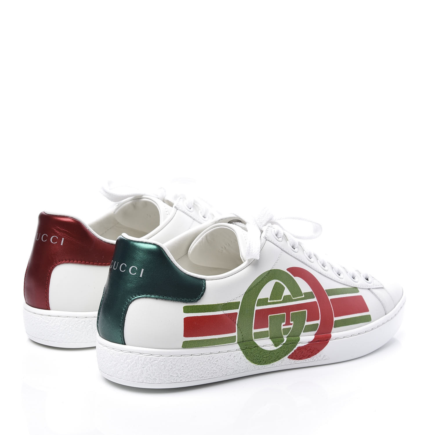 GUCCI Calfskin Womens Interlocking G Ace Sneakers 36.5 White Red Green ...