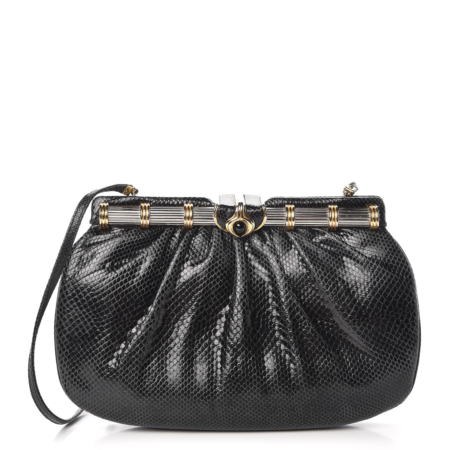 JUDITH LEIBER Snakeskin Pleated Evening Bag Black 292153