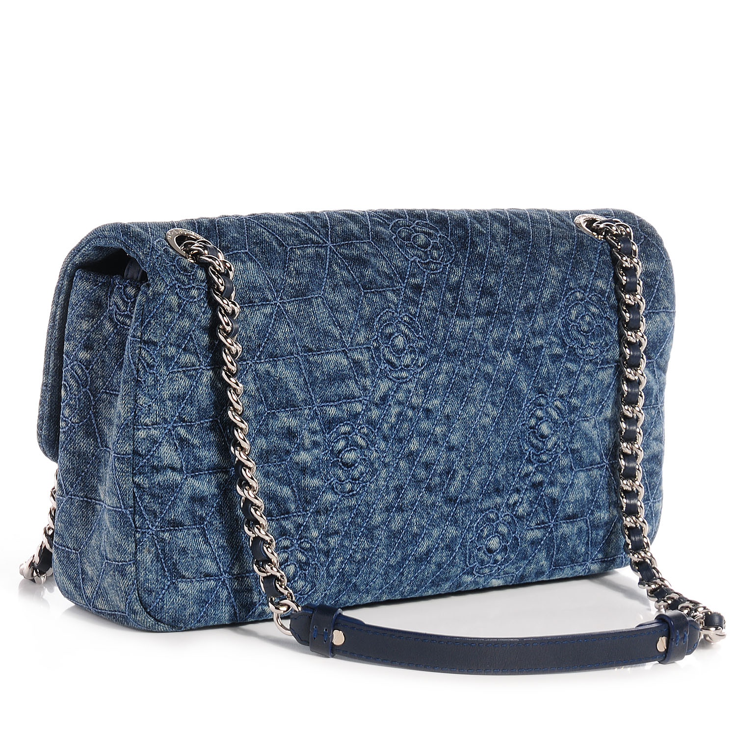 CHANEL Denim Quilted Camellia Embroidered Flap Dark Blue 76512