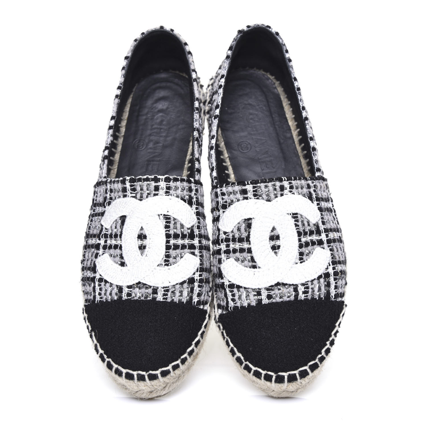 CHANEL Tweed CC Espadrilles 36 Black White 685486 | FASHIONPHILE