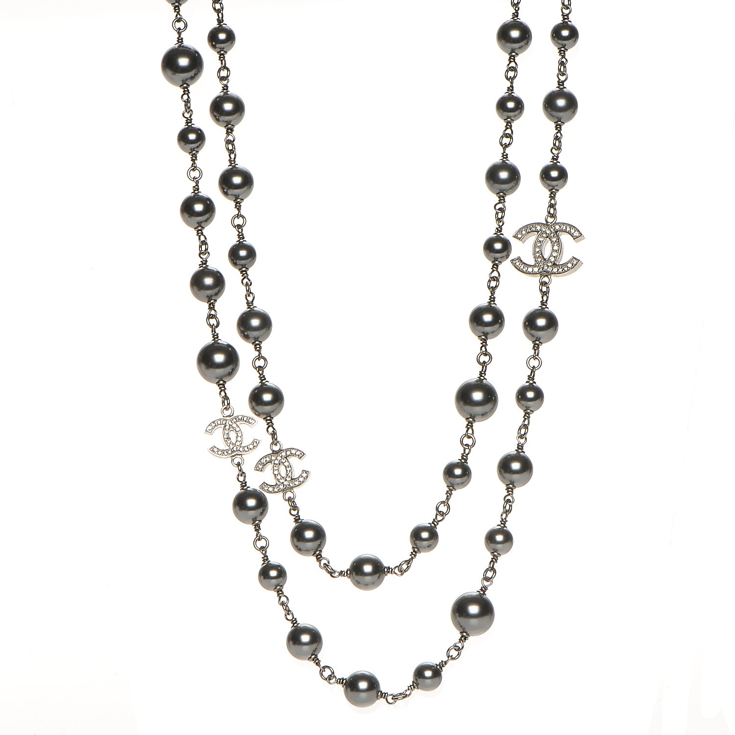 chanel crystal pearl cc long necklace silver