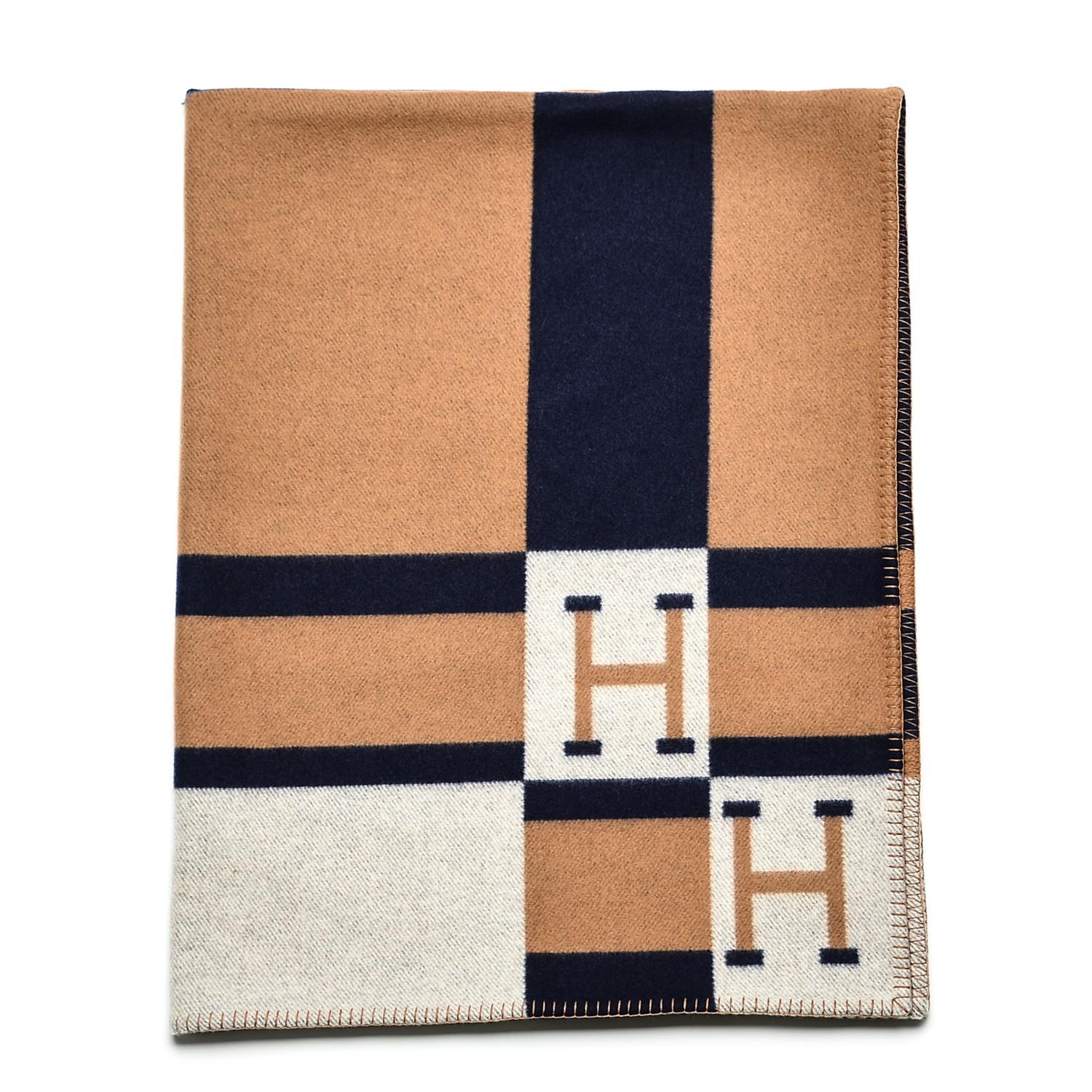 HERMES Wool Cashmere Avalon Bayadere Blanket Indigo Ocre 189134