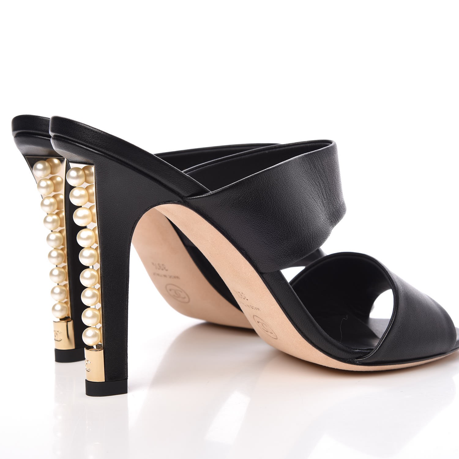 CHANEL Lambskin Open Toe Pearl Sandal Heels 39.5 Black 291636