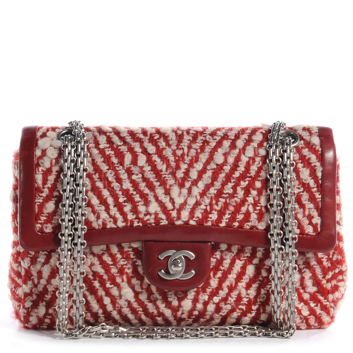 CHANEL Chevron Tweed Medium Flap Red White 59660