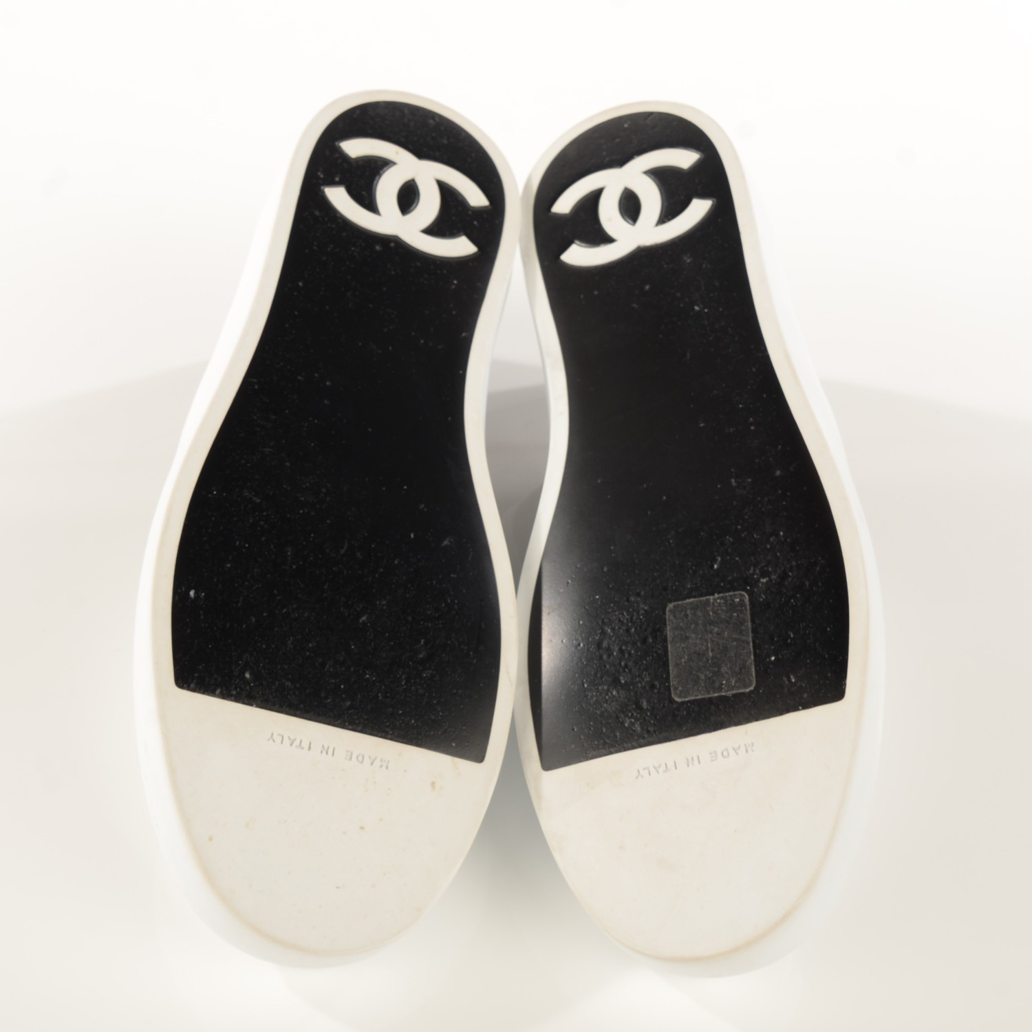 CHANEL Leather Slip On Sneakers 37.5 White Black 115418