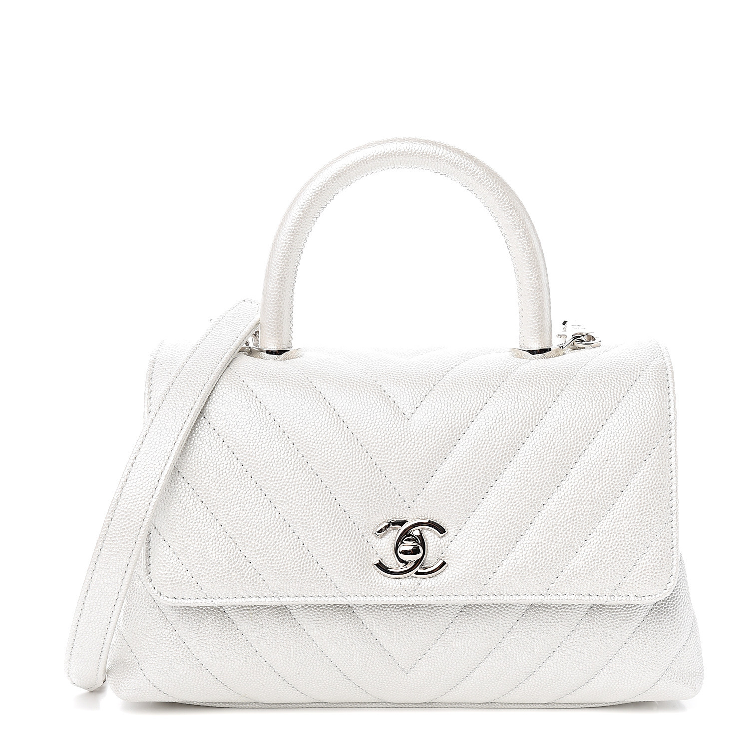 Chanel Iridescent Caviar Chevron Quilted Mini Coco Handle Flap White Fashionphile