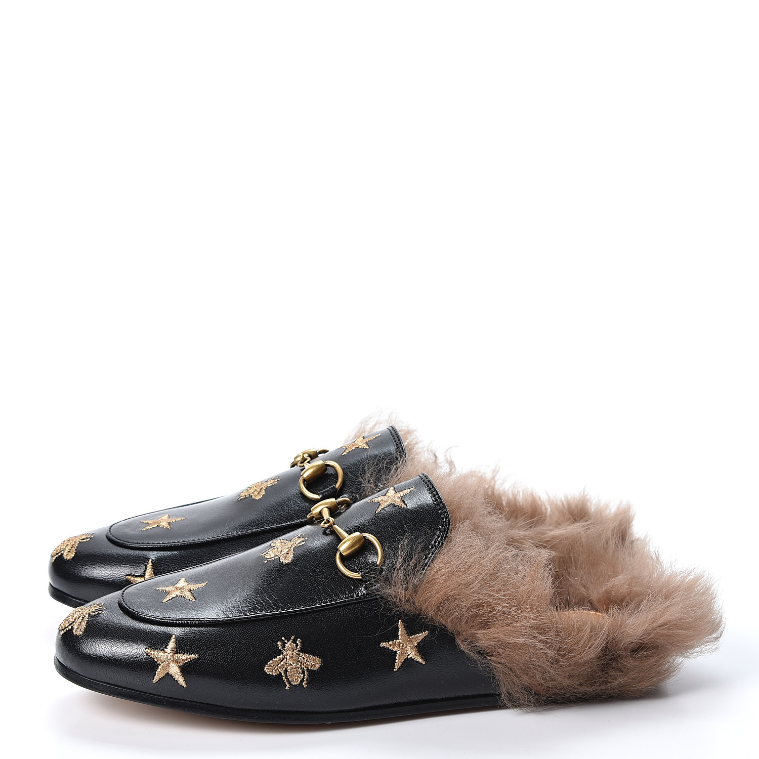 GUCCI Goatskin Fur Bee Star Embroidered Womens Princetown Slippers 36 ...