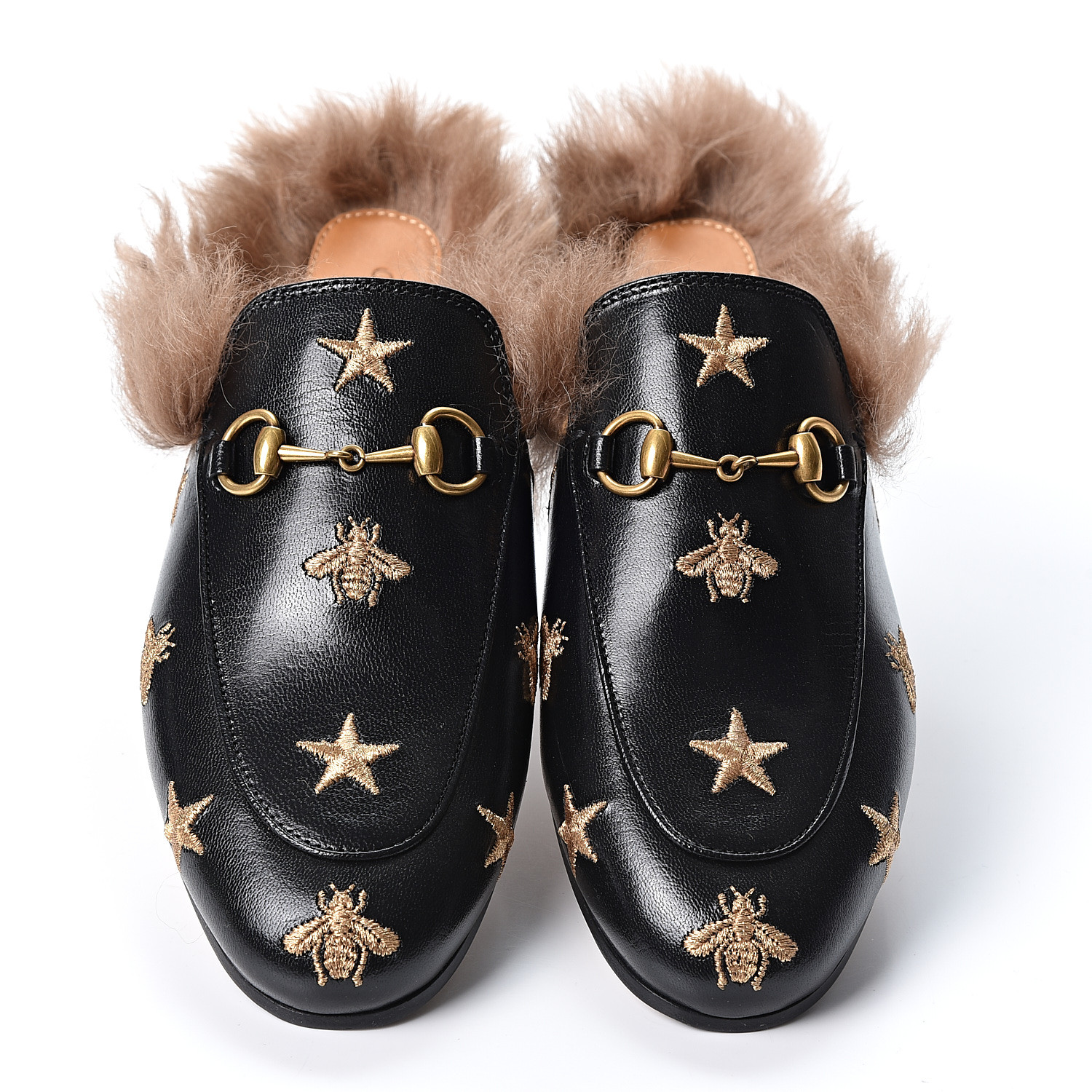 Gucci Goatskin Fur Bee Star Embroidered Womens Princetown Slippers 36 