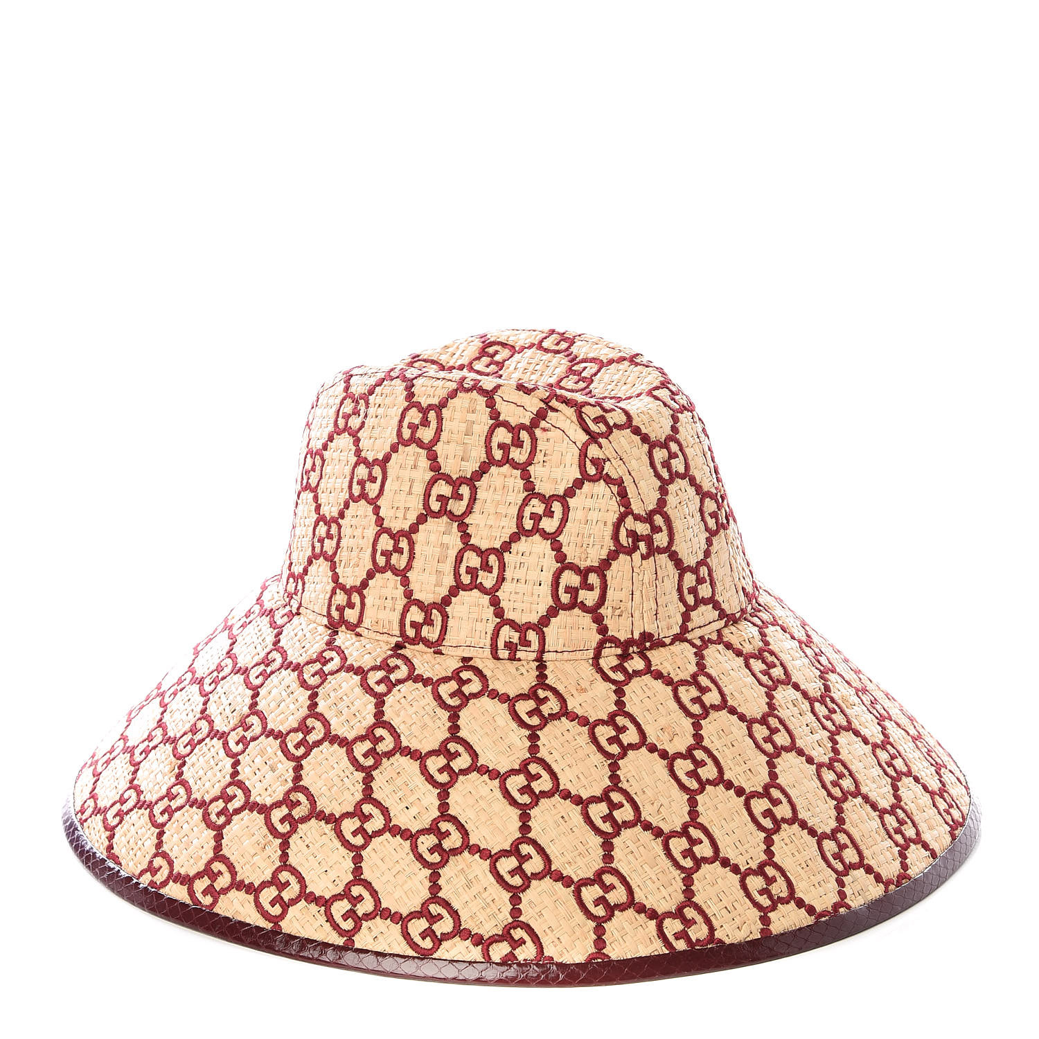 GUCCI Snakeskin Raffia Interlocking GG Embroidered Wide Brim Hat Beige ...