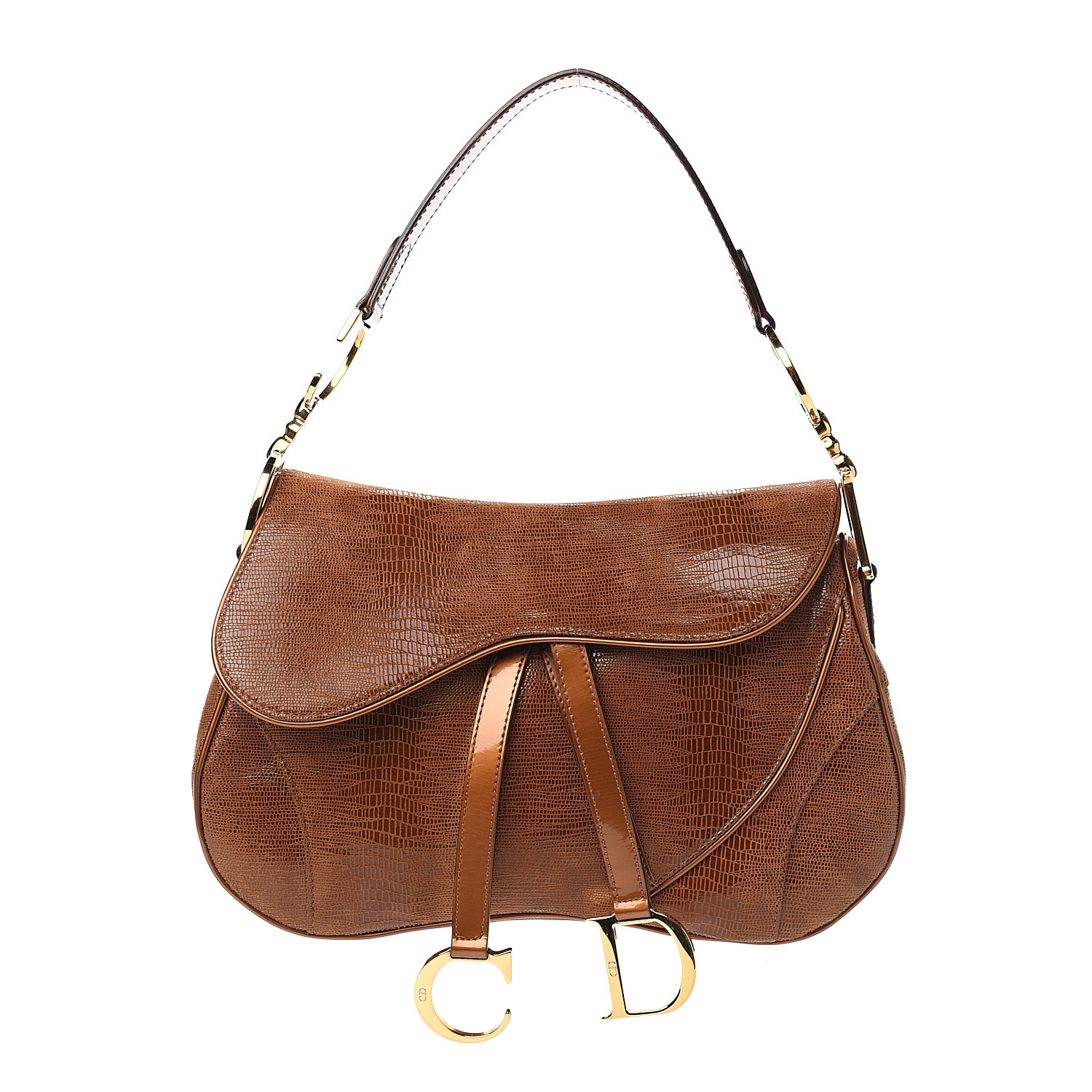 CHRISTIAN DIOR Lizard Double Saddle Bag Brown 568036 | FASHIONPHILE