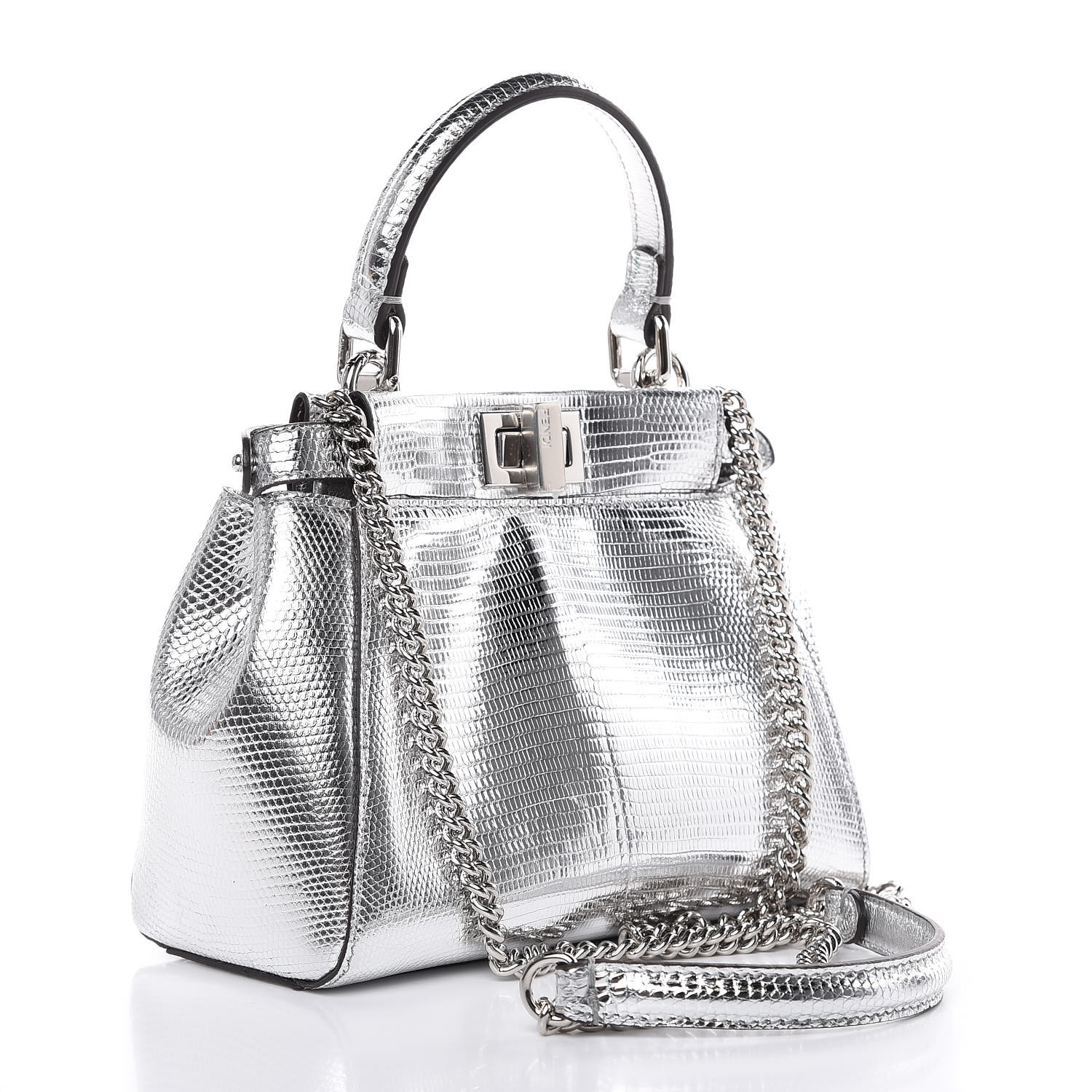 FENDI Metallic Lizard XS Peekaboo Iconic Satchel Silver 465018