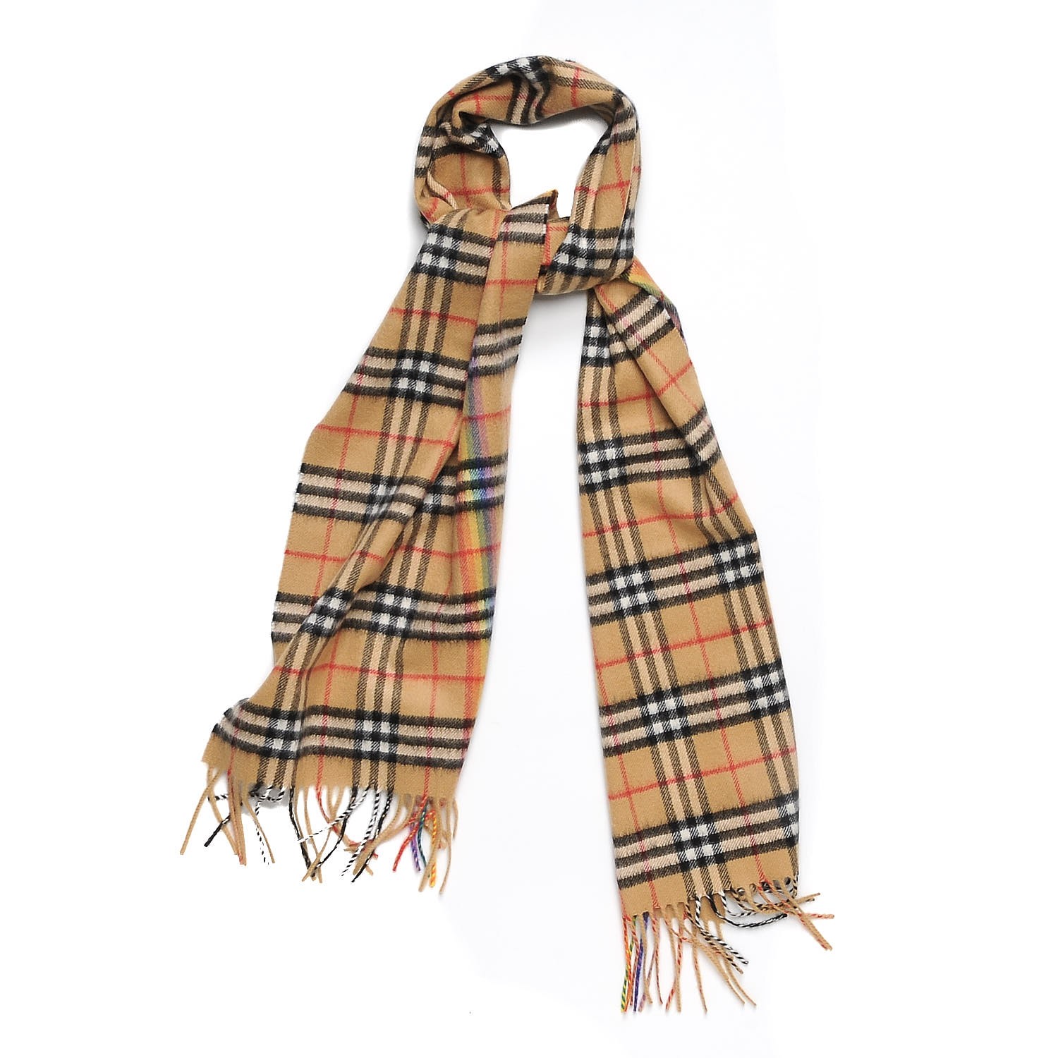 BURBERRY Cashmere Vintage Check Rainbow Stripe Fringe Scarf Antique ...