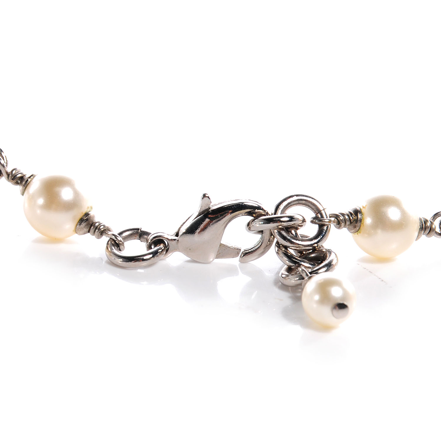 CHANEL Crystal Pearl CC Long Necklace Silver 61725