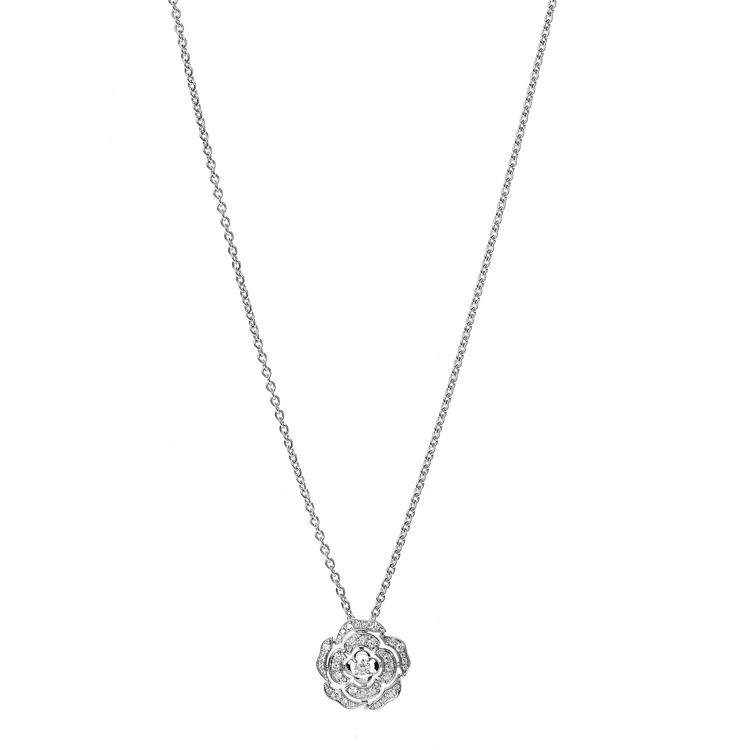 CHANEL 18K White Gold Diamond Bouton de Camélia Pendant Necklace 486538 ...