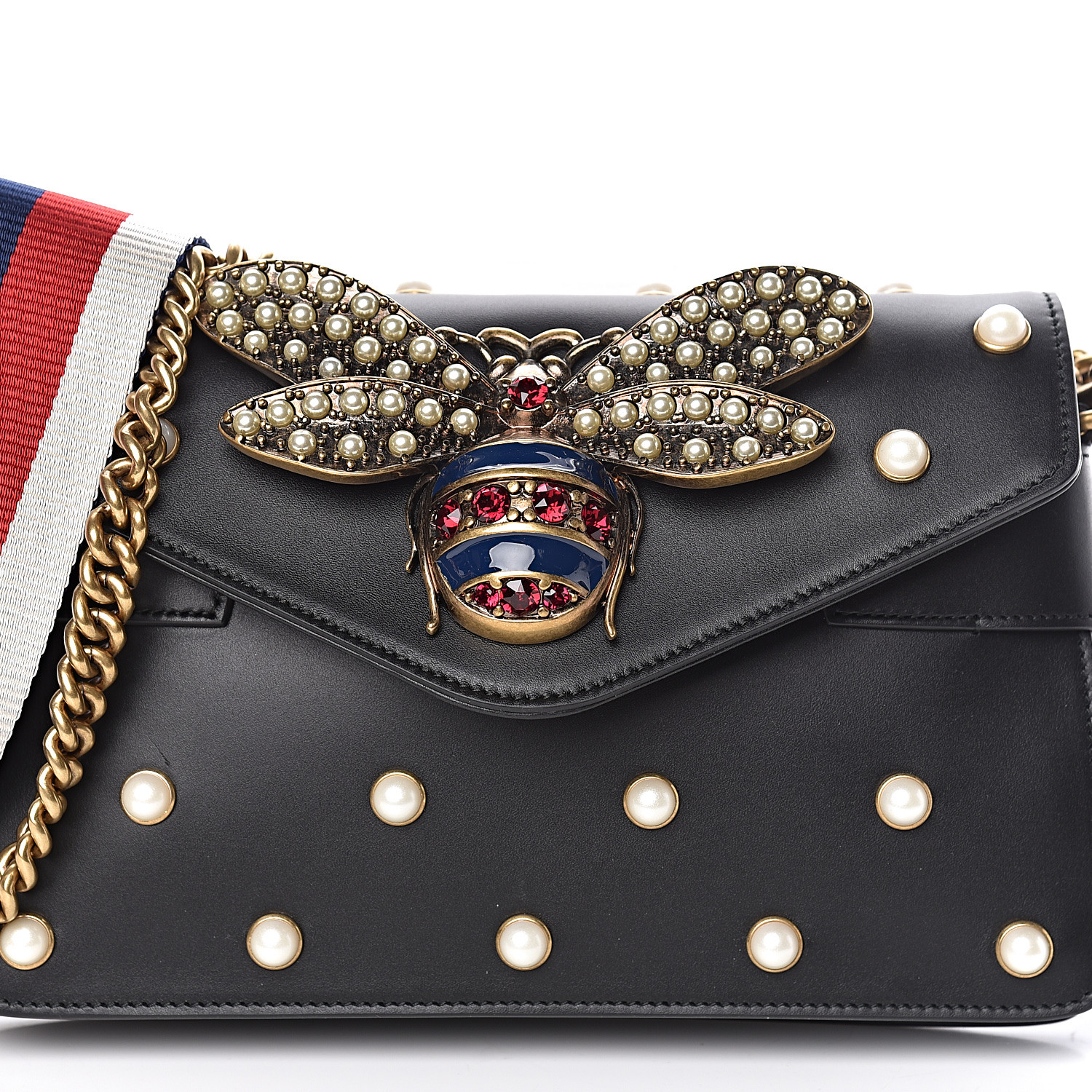 GUCCI Calfskin Pearl Studded Mini Broadway Bee Bag Black 484681