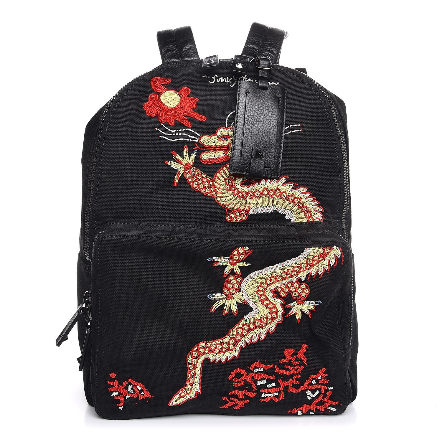 VALENTINO Mens Canvas Beaded Dragon Backpack Black 318967