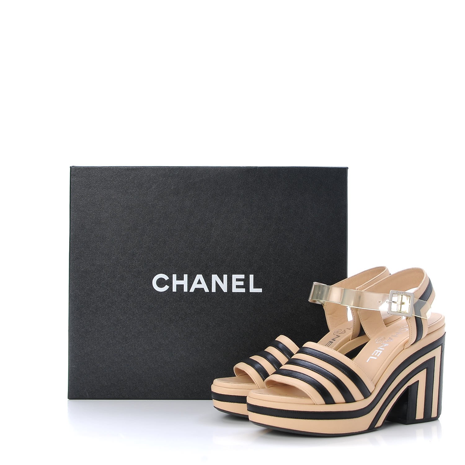 CHANEL Lambskin Striped Wedge Sandals 35 Beige Black 296470