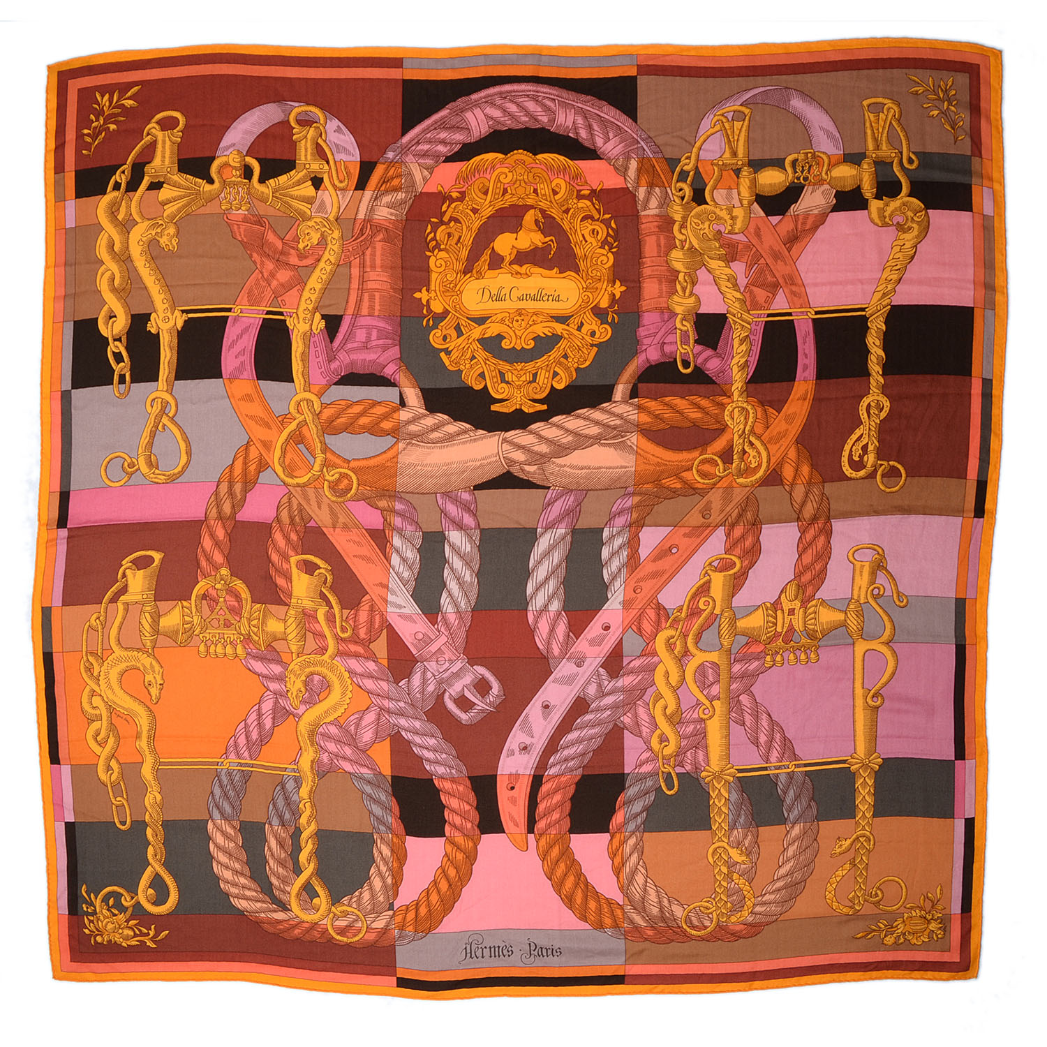 HERMES Cashmere Silk Della Cavalleria GM Scarf 140 Soleil Rose Brun 74294