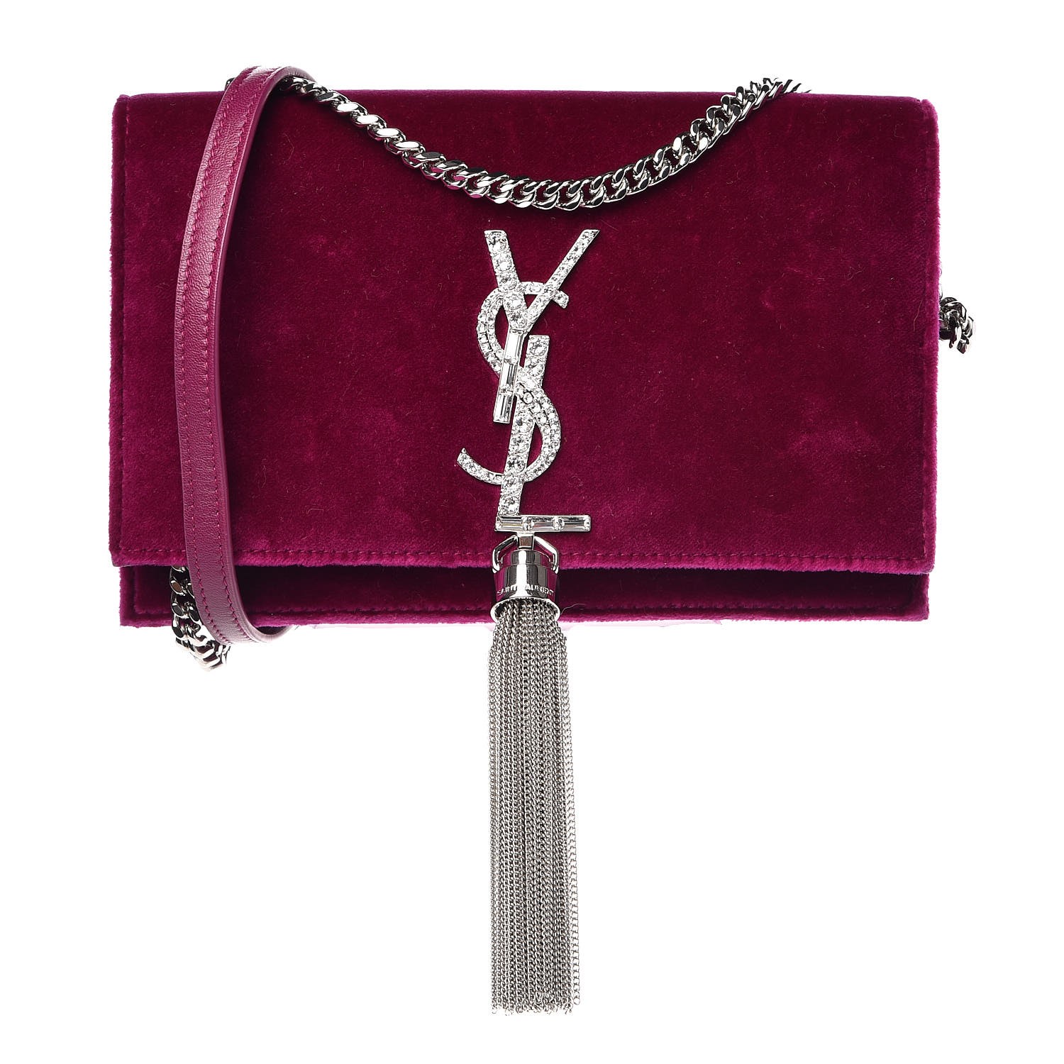 SAINT LAURENT Velvet Crystal Monogram Kate Tassel Shoulder Bag Fuchsia ...