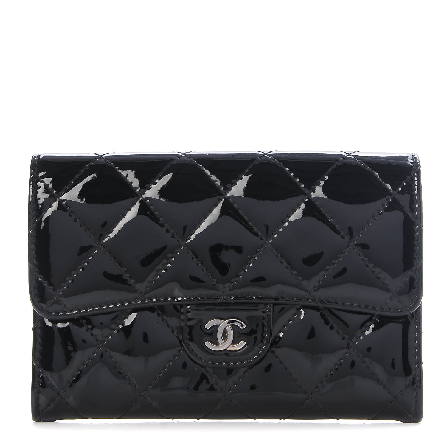 CHANEL Patent Quilted Small Flap Wallet Black 297010