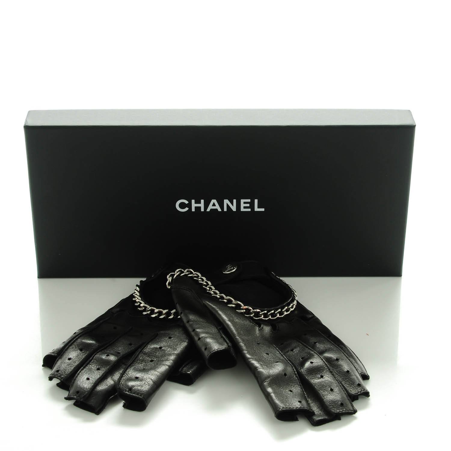 CHANEL Lambskin Perforated Fingerless Chain CC Gloves 7.5 Black 142805