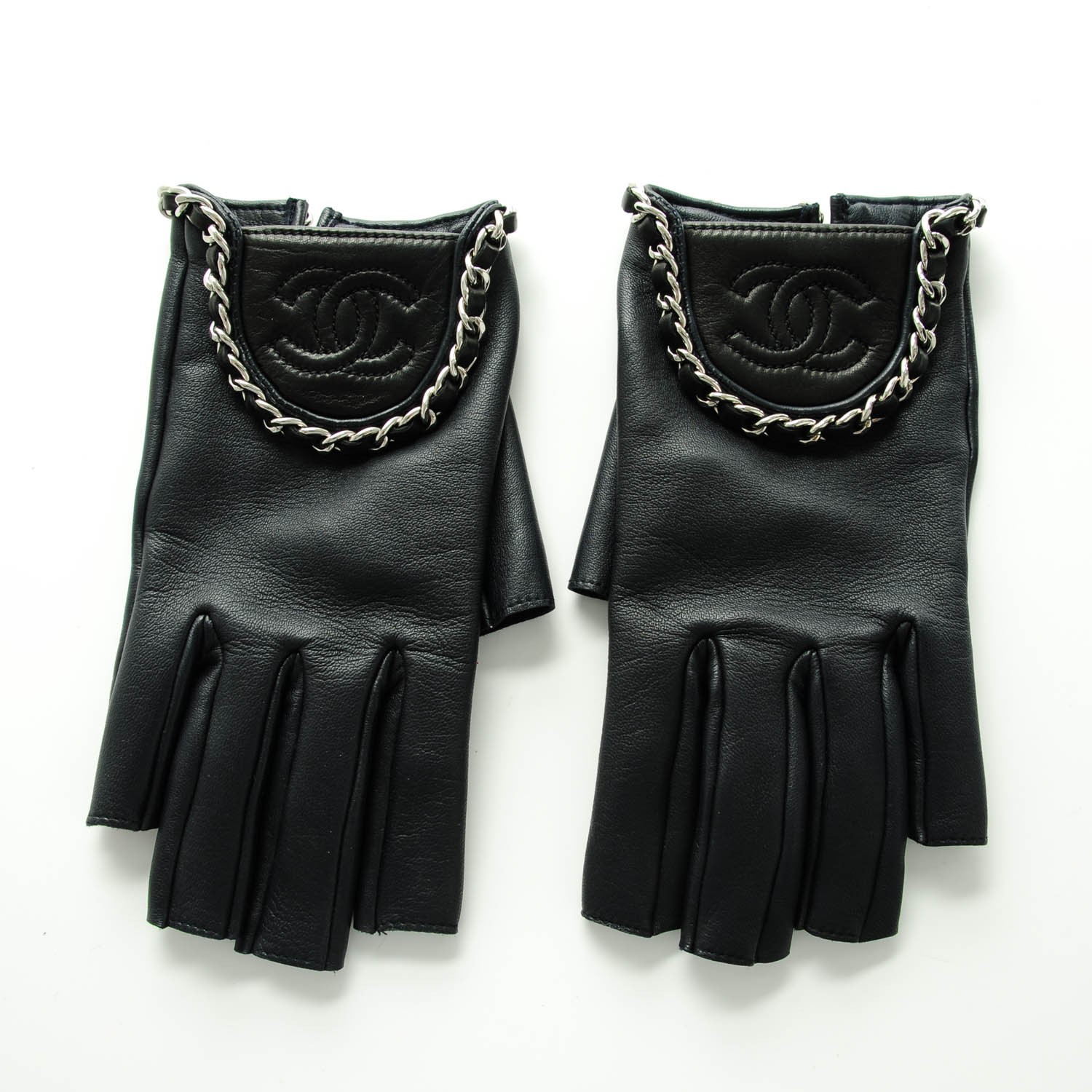 CHANEL Lambskin Fingerless Chain CC Gloves 8 Navy Black 142807