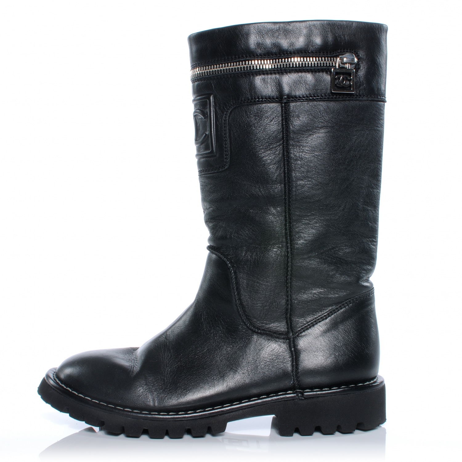 CHANEL Leather Motorcycle Zipper Boots 35.5 Black 40434