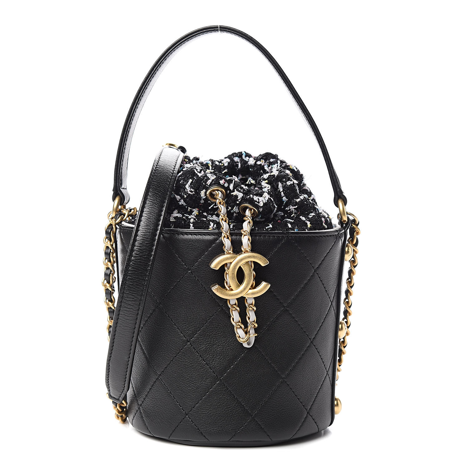 CHANEL Calfskin Tweed Small CC Chain Bucket Drawstring Bag Black ...